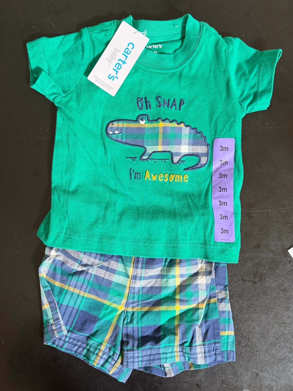 NWT Carter's Baby Boy 3 Mo Green Plaid ”Oh Snap” Crocodile/Alligator Outfit